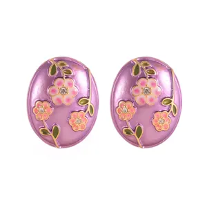 Elegant purple enamel flower oil painting style oval stud earrings for women jewelry