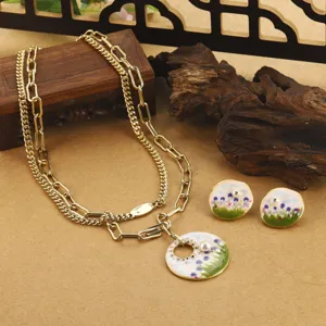 Parure de bijoux style peinture à l'huile avec collier, boucles d'oreilles et perles