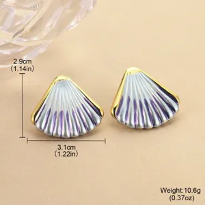 Detailed view and size of enamel shell stud earrings with purple gradient design