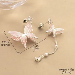 Pink gradient enamel butterfly earrings detail with size and weight specifications