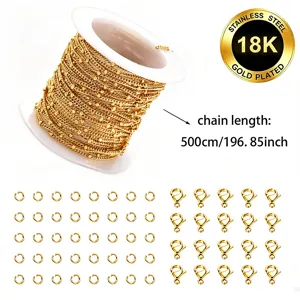 DIY 18K vergoldetes Edelstahl-Perlenketten-Set mit Karabinerverschlüssen und Ringen