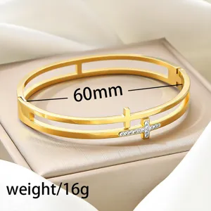Bracelet jonc élégant en acier inoxydable 304 à double couche avec croix, 60mm de large
