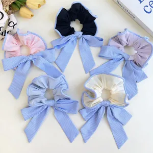 Set de 5 coleteros de tela con lazo de rayas estilo coreano en colores pastel.