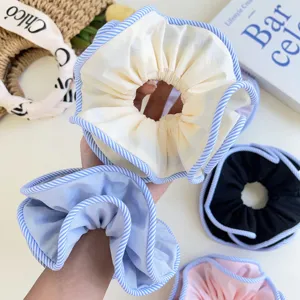 Korean Style Large Fabric Scrunchie Double Layer Striped Edge Hair Tie Durable Elastic Hair Band Ruffled Ponytail Holder For Women