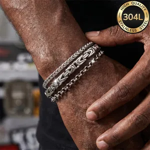 Detailansicht des dreiteiligen 304L Edelstahl Hip-Hop-Armbandsets für Herren zum Stapeln