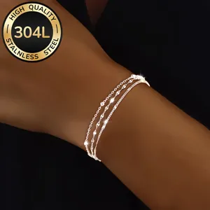Detail view of triple-layer 304L stainless steel bracelet with silver finish