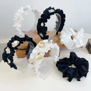 Dames Hoge Schedel Geplooid Haarband Zwart Wit Elegant Bloem Kunstparel Hoofdband Zoet Vintage Scrunchie Haaraccessoires