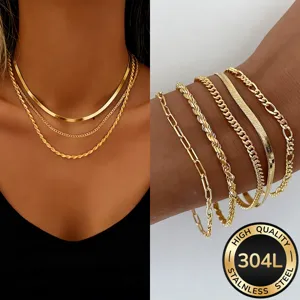 Detailansicht des 304L Gold Edelstahl Mehrschicht Halskette und Armband Schmucksets