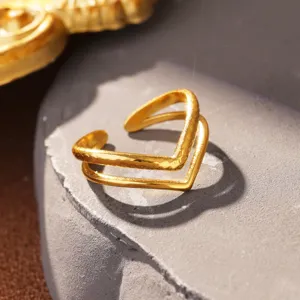 Detailansicht eines minimalistischen, goldfarbenen V-förmigen Edelstahlrings.