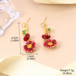 Detail view of red enamel flower earrings showing 4.2cm length and 7.3g weight