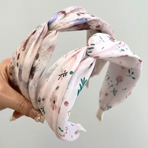 New Chinese Style National Wind Cross Headband For Women Elegant Wide Brim Twist Knot Satin Fabric Printed Hair Hoop Retro Temperament Hair Accessories