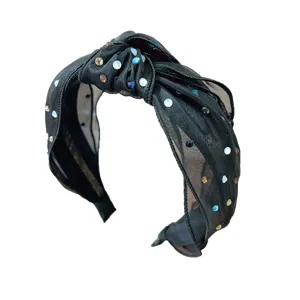 Elegante zwarte mesh knoop haarband met kleurrijke strassteentjes voor haarstyling