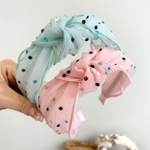 Zomer Nieuwe Koreaanse Stijl Zoete Brede Mesh Geknoopte Hoofdband Voor Vrouwen Kleurrijke Strass High Top Haarband Accessoires