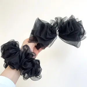 Vue détaillée d'un élégant nœud papillon en organza noir et d'un chouchou orné de strass