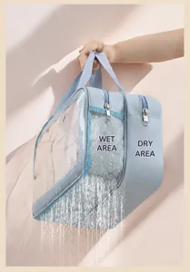 Clear waterproof toiletry bag with dry and wet separation design for travel makeup organization.