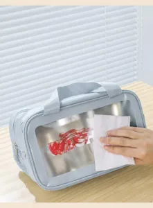 Clear travel toiletry bag with waterproof PVC and PU material for daily cosmetics.