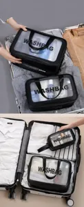 Detail view of transparent PVC toiletry bag showing luggage storage and neat daily organization.