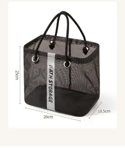 Borsa doccia in rete nera cestino portaoggetti da bagno portatile con manici e dimensioni.