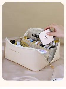 Large capacity PU leather makeup bag with multi-layer compartments for travel and daily use.