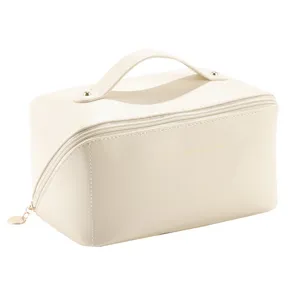 Trousse de maquillage en cuir PU crème avec poignée, grand organisateur de voyage.