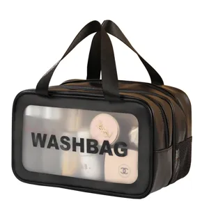 Clear PVC cosmetic bag with double zippers and black handles, large capacity waterproof wash bag.