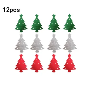 Set of 12 Christmas tree felt cutlery holders in green, silver, and red colors