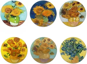 Set aus sechs runden Filz-Untersetzern mit klassischen Van Gogh Sonnenblumen Kunstdrucken
