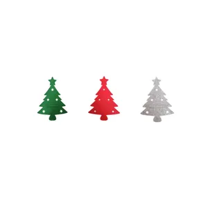 Detail view of felt Christmas tree cutlery holders in green, red, and grey colors