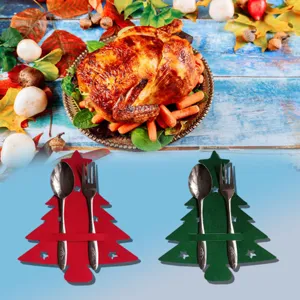 Set of red and green felt Christmas tree cutlery holders for holiday table decor