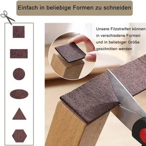 Close-up detail of brown self-adhesive felt furniture pads being cut into custom shapes