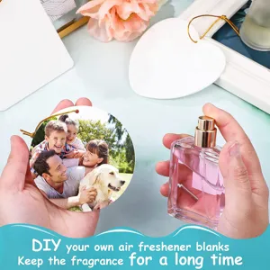 Close-up of DIY sublimation air freshener blank with printed family photo and perfume spray.