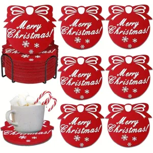 Set of red Christmas felt coasters featuring Merry Christmas text and snowflakes