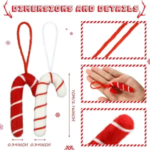 Dimensions and details of wool felt candy cane Christmas tree hanging ornaments.