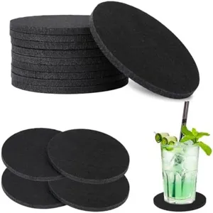Detailed macro view of black round felt coasters shown in a stack and use scene