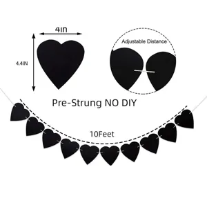 10ft black heart felt garland banner with pre-strung adjustable design for decor
