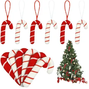 Decorative set of red and white striped felt candy cane Christmas tree hanging ornaments