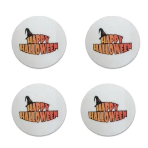 Set of four white circular felt coasters with Happy Halloween print and witch hat