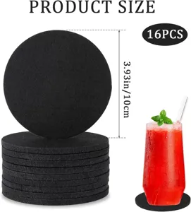 Detailed view of 16pcs black round felt coasters showing 3.93in diameter for glasses