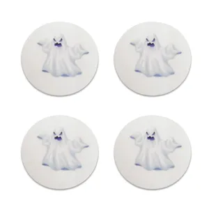 Detail view of four circular white felt coasters with cute blue ghost prints.