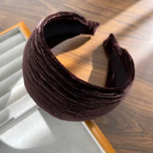 Elegant deep brown velvet padded headband with retro pleated texture for women