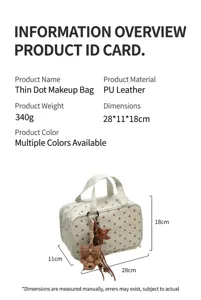 Detailed view of the multi-layer partitioned polka dot toiletry bag, showing storage structure.