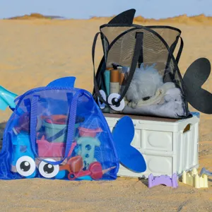 Kids mesh beach bag large capacity toy storage bag cute cartoon eye design for outdoor fun.