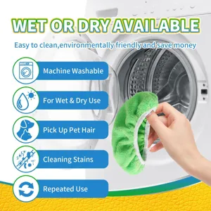 Chenille mop cloth cover detail showing wet and dry cleaning features and machine washable design.