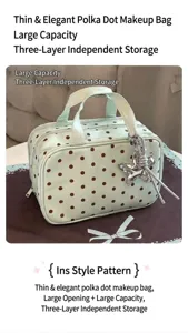Mint green polka dot cosmetic bag with three layer storage and large capacity for travel.