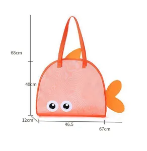 Cute fish shape children beach mesh bag dimension detail view showing size and capacity.