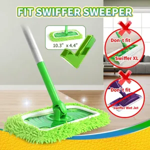 Green chenille flat mop replacement pad detail showing dimensions and compatibility info.