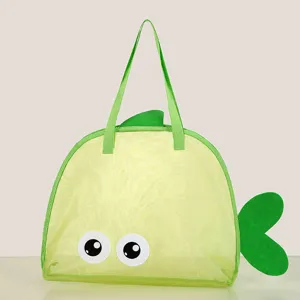 Kids fish shape mesh beach bag with big eyes, large capacity for outdoor sand toys and travel.