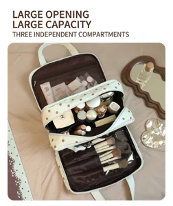 Detailed view of three layer large capacity polka dot makeup bag with brush holders.