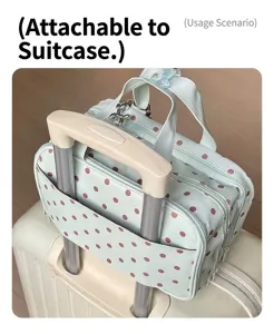 Polka dot cosmetic bag with luggage sleeve, multi-compartment travel toiletry organizer for women.