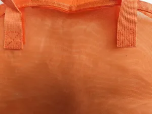 Close-up detail of orange mesh beach bag, breathable net fabric texture and strong handles.